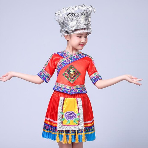 Kids Chinese hmong folk dance costumes for girls stage performance hmong miao international ancient traditional dancing dress